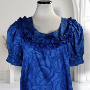 Vintage Carol Bennett Blue Floral Flounce Muumuu Midi Dress Hawaii Size L